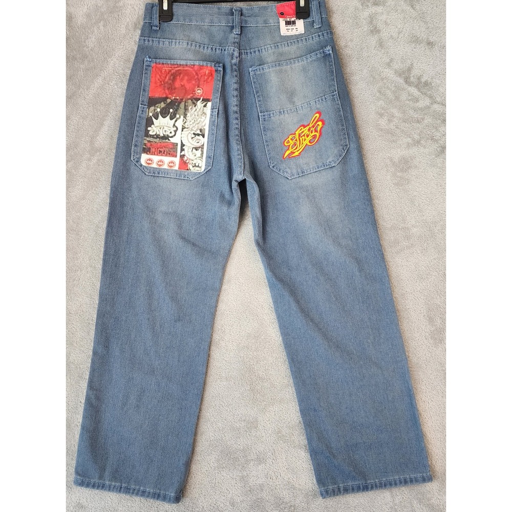 JNCO Jeans Womens Medium Blue Wide Leg Baggy Graphic Patch Denim Pants Vintage